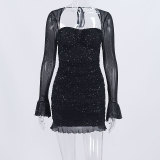 Sexy See-Through Mesh Long-Sleeved Sequined Square Neck Low Back Dress