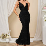 Sexy V Neck Strap Low Back Slim Fishtail Evening Dress
