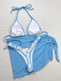 Sexy Print Halter Neck Low Back Bikini Cover Up Three-Piece Swimsuit