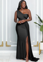 Women's Sleeveless One-Shoulder Sexy High Waist Split Evening Dress Women's Sleeveless One-Shoulder Sexy High Waist Split Evening Dress