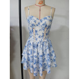 Summer Women's Fashion Print V Neck Sleeveless Strap Cake Short Dress