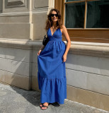 Spring Summer Holidays Style Blue V Neck Strap Low Back Long Dress