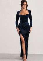 Spring Elegant Long Sleeve Velvet Slit Pleated Square Neck Long Dress