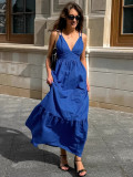 Spring Summer Holidays Style Blue V Neck Strap Low Back Long Dress