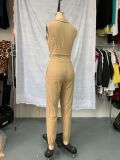 Sleeveless Khaki Turndown Collar Sleeveless Short Vest Trousers Two Piece Set
