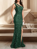 Sexy Sequin One-Shoulder Split Fishtail Evening Dress