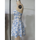 Summer Women's Fashion Print V Neck Sleeveless Strap Cake Short Dress