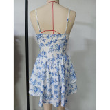 Summer Women's Fashion Print V Neck Sleeveless Strap Cake Short Dress