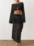 Sexy Hollow Heart Jacquard Woven Cover-Up Top Lace-Up Skirt Women's Beach Two Piece Set