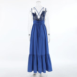 Spring Summer Holidays Style Blue V Neck Strap Low Back Long Dress