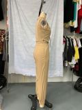 Sleeveless Khaki Turndown Collar Sleeveless Short Vest Trousers Two Piece Set