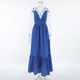 Spring Summer Holidays Style Blue V Neck Strap Low Back Long Dress