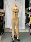 Sleeveless Khaki Turndown Collar Sleeveless Short Vest Trousers Two Piece Set