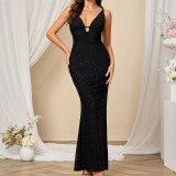 Sexy V Neck Strap Low Back Slim Fishtail Evening Dress
