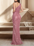 Sexy Sequin One-Shoulder Split Fishtail Evening Dress
