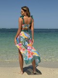 Women sexy color matching floral mesh beach maxi Swimwear Three-Piece