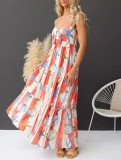 Women Spring and Summer Sexy Printed Lace-Up Dress