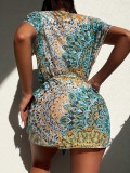 Women printed blouse v-neck Holidays bikini beach dress