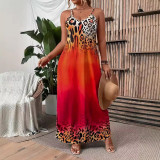 Women African summer knitting leopard print Strap Dress