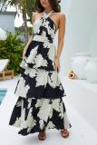 Women Spring Summer Sexy Printed Cascading Ruffles Dress