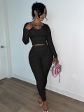 Women rib long-sleeved top and long pants two-piece set