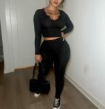 Women rib long-sleeved top and long pants two-piece set