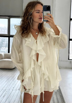 Women Spring Summer Ruffle Lace-Up Casual Top and Pocket Shorts Two-Piece Set Women Spring Summer Ruffle Lace-Up Casual Top and Pocket Shorts Two-Piece Set