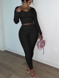 Women rib long-sleeved top and long pants two-piece set