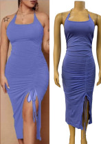 Women Halter Neck U-neck sexy Backless Pleated Solid Dress