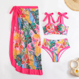 Women sexy color matching floral mesh beach maxi Swimwear Three-Piece