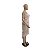Women's Sexy Strapless Slim Waist Solid Color Pleated Dress