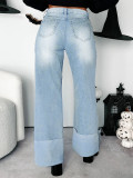 Women's High Waist Folded Hem Washed Straight Denim Trousers