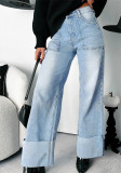 Women's High Waist Folded Hem Washed Straight Denim Trousers
