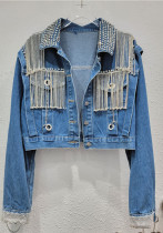 Diamond Tassel Denim Jacket Women's Trendy Spring Loose Long-Sleeved Tops