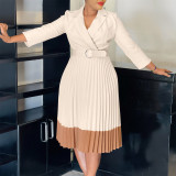 Women's Spring Turndown Collar Fashion Colorblock OL Elegant Pleated High Waist African Dress