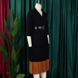Women's Spring Turndown Collar Fashion Colorblock OL Elegant Pleated High Waist African Dress
