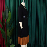 Women's Spring Turndown Collar Fashion Colorblock OL Elegant Pleated High Waist African Dress