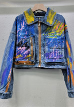 Fashionable Hand-Painted Graffiti Cargo Denim Top Women's Loose Shorts Jacket Fashionable Hand-Painted Graffiti Cargo Denim Top Women's Loose Shorts Jacket