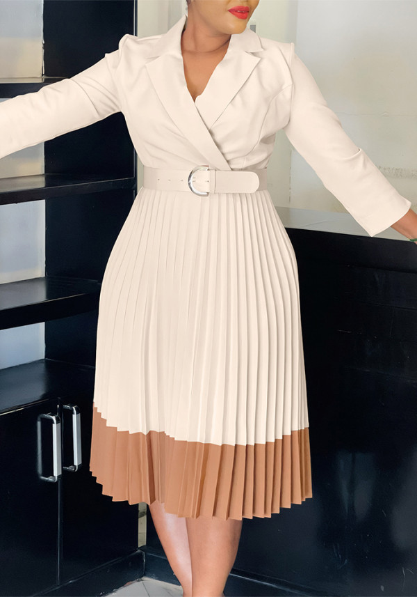 Women's Spring Turndown Collar Fashion Colorblock OL Elegant Pleated High Waist African Dress