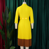 Women's Spring Turndown Collar Fashion Colorblock OL Elegant Pleated High Waist African Dress