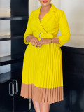 Women's Spring Turndown Collar Fashion Colorblock OL Elegant Pleated High Waist African Dress