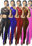 Women's Sexy Mesh See-Through Lace-Up Solid Color Short Sleeve Two-Piece Pants Set