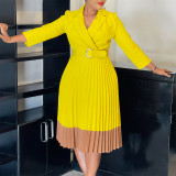 Women's Spring Turndown Collar Fashion Colorblock OL Elegant Pleated High Waist African Dress