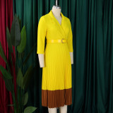 Women's Spring Turndown Collar Fashion Colorblock OL Elegant Pleated High Waist African Dress
