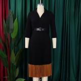 Women's Spring Turndown Collar Fashion Colorblock OL Elegant Pleated High Waist African Dress