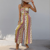 Summer Print Casual Tied Strapless Wide-Leg Jumpsuit