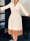 Women's Spring Turndown Collar Fashion Colorblock OL Elegant Pleated High Waist African Dress