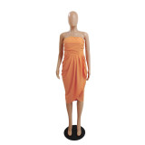 Women's Sexy Strapless Slim Waist Solid Color Pleated Dress