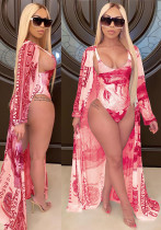 Women's Fashion Casual Print Cape Bikini Two Pieces Swimsuit With Belt