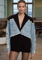 Women Trendy Spring Denim Patchwork Contrast Blazer
